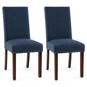 Juego de 2 Sillas Tapizadas de Tela con Asiento Acolchado Respaldo Curvado Madera Pino sin Reposabrazos para Salón Restaurante Azul Marino