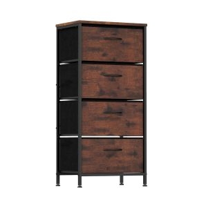 Cómoda de 4 Cajones Torre de Almacenaje de Tela con Tapa de Madera Asas de Fácil Tiro y Estructura de Metal Resistente Unidad Marrón