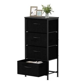 Cómoda de 4 Cajones Torre de Almacenaje de Tela con Tapa de Madera Asas de Fácil Tiro y Estructura de Metal Resistente Unidad Negro