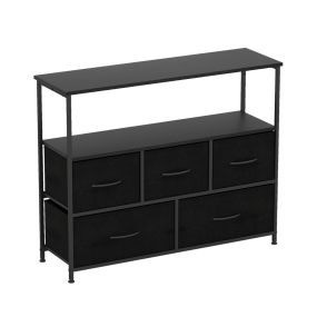 Cómoda para Dormitorio con 5 Cajones Cajonera Ancha con 2 Estantes Abiertos de Madera y Estructura Metálica Resistente Organizador Negro