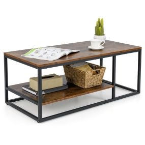 Mesa de centro rectangular industrial de madera y metal con estante 105 x 50 x 42,5 cm marrón