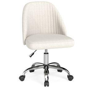 Silla de oficina moderna sin brazos giratoria ajustable en altura beige con respaldo curvo y asiento tapizado