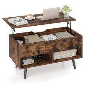 Mesa de Centro Elevable de Madera con Compartimento Oculto y 2 Estantes Abiertos para Salón Sala de Recepción Oficina Café