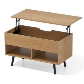 Mesa de Centro Elevable de Madera con Compartimento Oculto y 2 Estantes Abiertos para Salón Sala de Recepción Oficina Natural