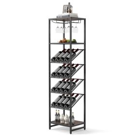Estante de Vino de Pie Estante Alto para 16 Botellas con Soportes para Copas 3 Estantes Abiertos para Comedor Bar en Casa Negro + Marrón