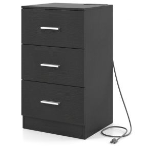Mesita de Noche Estación de Carga 3 Cajones Puerto USB Antivuelco Moderna Sala Dormitorio Mesa Auxiliar Negro