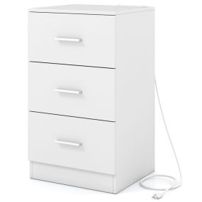 Mesita de Noche con Estación de Carga 3 Cajones Puerto USB 2 Kits Antivuelco Moderna para Sala Dormitorio Blanco