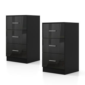 Juego de 2 Mesitas Auxiliares 3 Cajones Almacenamiento Antivuelco Dormitorio Sala Estar Negro