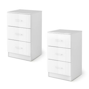 Juego de 2 Mesitas Auxiliares 3 Cajones Almacenamiento Antivuelco Dormitorio Sala Estar Blanco