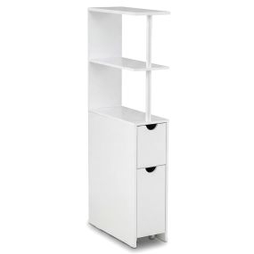Gabinete de almacenamiento delgado para baño blanco con estantes abiertos y cajón extraíble