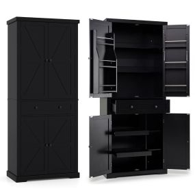 Armario Despensa Cocina 184cm 4 Estantes Ajustables Cajón Grande 6 Puertas 2 Bandejas Negro