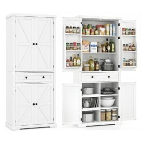 Armario Despensa de Cocina con 4 Estantes Ajustables Cajón Grande Puertas y 2 Bandejas Deslizantes 77 x 40 x 184 cm Blanco