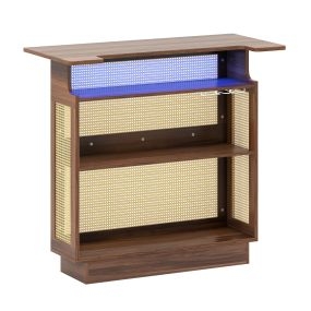 Unidad de Bar Industrial para el Hogar con Luz LED RGB y Control por App Mesa de Bar de Ratán con 3 Soportes para Copas y Estantes Marrón