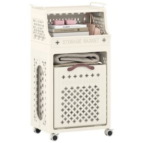 Cesta de lavandería con ruedas plegable de múltiples capas con estante superior y ganchos beige