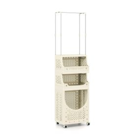 Carro para ropa sucia de 4 niveles con barra, cesto plegable, 2 cestas y 8 ganchos beige