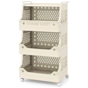 Cesta de ropa de 4 niveles con ruedas, plástico, asas y ganchos, blanco