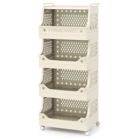 Cesta de ropa de 5 niveles con ruedas, plástico, asas y ganchos, organizador abierto blanco