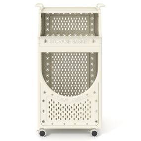 Carro para ropa sucia de 3 niveles plegable con ruedas bloqueables y 6 ganchos beige