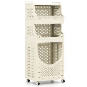 Carro para ropa sucia de 4 niveles con 2 cestas, 6 ganchos y ruedas beige