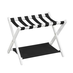 Portaequipajes Plegable 2 Niveles de Madera de Caucho con Estantes de Nailon y Estructura en X para Dormitorio Hotel Negro+Blanco
