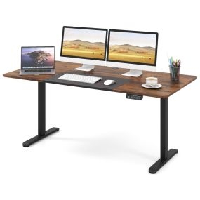 Escritorio de Pie Ajustable Eléctrico con Memoria de Altura y Orificio para Cables Mesa de Trabajo Ergonómica 140 x 70 cm Café