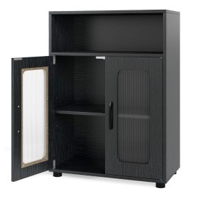 Armario de baño independiente negro con 2 puertas, estante ajustable y compartimento abierto