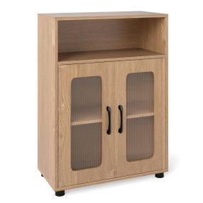 Armario de baño independiente con 2 puertas, estante ajustable y compartimento abierto natural