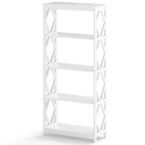 Estantería de 5 Niveles de Madera con Estructura Romboidal Organizador Moderno Independiente para Oficina Casa Salón o Dormitorio Blanco