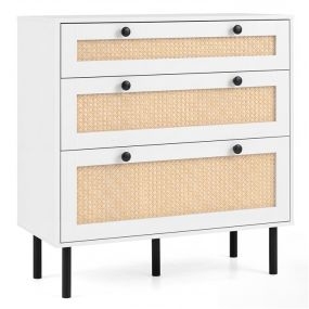 Cajonera de mimbre con 3 cajones, patas metálicas, 75 x 35 x 77,5 cm, blanca