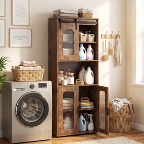 Armario alto de baño con puerta corredera tipo granero 150 cm marrón rústico