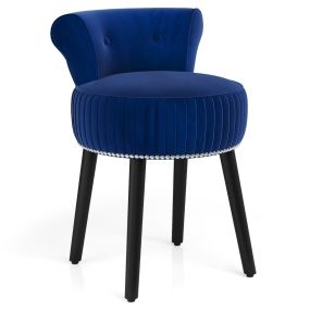 Silla de Tocador de Terciopelo con Respaldo Taburete Tapizado con Patas de Madera Maciza Silla de Maquillaje de Mediados de Siglo Azul
