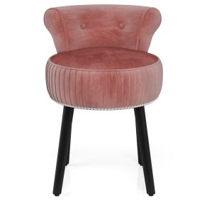 Silla de Tocador de Terciopelo con Respaldo Taburete Tapizado con Patas de Madera Maciza Silla de Maquillaje de Mediados de Siglo Rosa