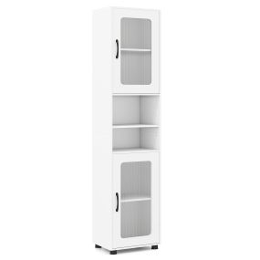 Armario Alto Estrecho de Baño con 2 Puertas Semitransparentes 2 Compartimentos y Estante Ajustable para Cocina Salón Blanco