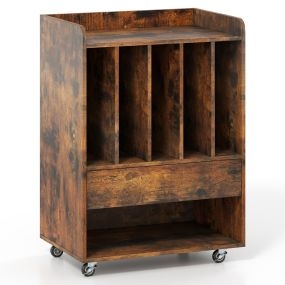 Mueble para Vinilos Móvil Industrial con Ruedas 5 Compartimentos Cajón y Estante Abierto 52x35,5x73 cm para Salón o Oficina