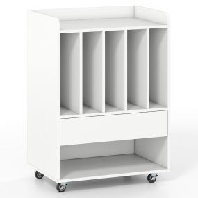 Mueble para Vinilos Móvil con Ruedas 5 Compartimentos Cajón y Estante Abierto Blanco Madera 52x35,5x73 cm para Salón o Oficina