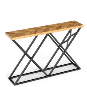 Mesa consola de entrada estilo granja e industrial con base metálica geométrica y tablero de madera natural 140 cm