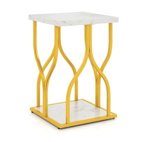 Mesa de entrada cuadrada con marco metálico pétalo, encimera imitación mármol blanco y dorado, 2 niveles, 39,5 x 39,5 x 59,5 cm