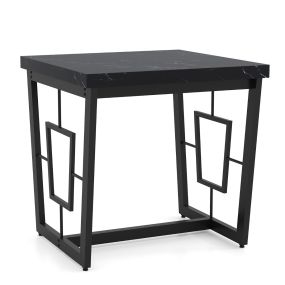 Mesa Auxiliar Cuadrada de Centro Moderna con Tablero de Mármol Sintético y Base en Forma de H Metálica para Dormitorio o Salón Negro
