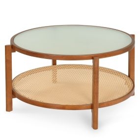 Mesa de centro redonda de 2 niveles con vidrio templado esmerilado y ratán PE, patas de madera maciza de acacia, marrón