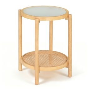 Mesa auxiliar redonda de 2 niveles de madera de acacia con tablero de vidrio templado y estante de ratán PE natural