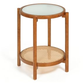 Mesa auxiliar redonda de 2 niveles de madera de acacia con tablero de vidrio templado y estante de ratán PE marrón para salón dormitorio y oficina