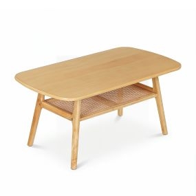 Mesa de centro rectangular de madera maciza con tablero amplio y estante de ratán PE natural