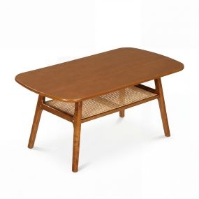 Mesa de centro rectangular de madera maciza con tablero amplio y estante de ratán PE marrón