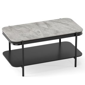 Mesa de Café Moderna Rectangular 2 Niveles con Tapa Sinterizada y Estante Estructura Metálica para Sala Gris