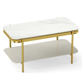 Mesa de Café Moderna Rectangular 2 Niveles con Tapa Sinterizada y Estante Estructura Metálica para Sala Blanco
