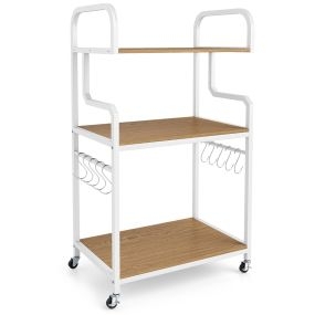 Soporte para Impresora Móvil de 3 Niveles con Ruedas 10 Ganchos en S Estructura Metálica Blanca y Paneles de Madera Natural para Oficina