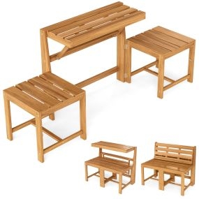 Banco de Madera de Acacia 3 en 1 Convertible en Mesa y Sillas + Estante para Plantas Mueble Multifuncional para Terraza y Jardín Natural