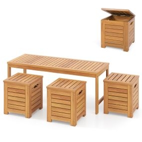 Banco de Jardín de Madera con 3 Cajas de Almacenamiento sin Respaldo con Listones y Tapas para Terraza Porche Balcón Piscina