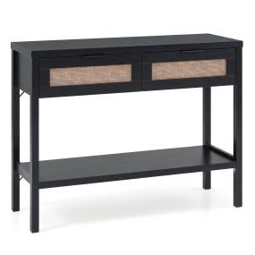 Mesa Consola Estrecha con 2 Cajones de Ratán Estante de Almacenamiento Abierto Kit Antivuelco para Entrada Pasillo Negro