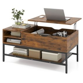 Mesa de Centro Elevable con Compartimento Oculto Mesa de Salón de Madera con Estante de Almacenamiento Mesita de Comedor Elevable Marrón